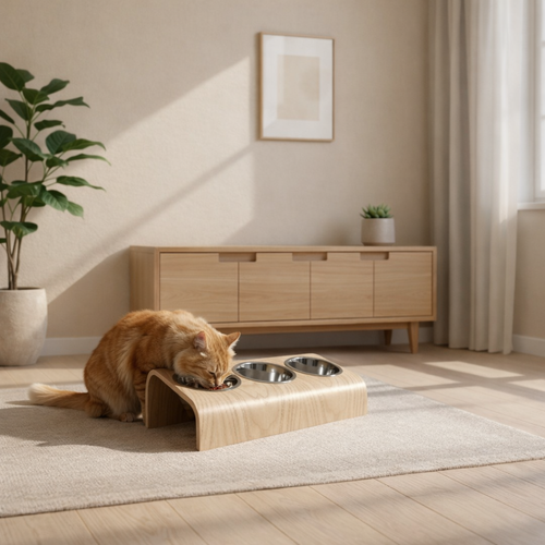 Elevated Cat Feeding Stand - Oak